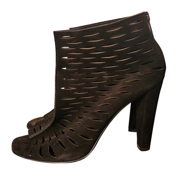 Diane Von Furstenberg Suede Leather Black Laser Cut Peep Toe Booties Size 8 - Picture 5 of 7